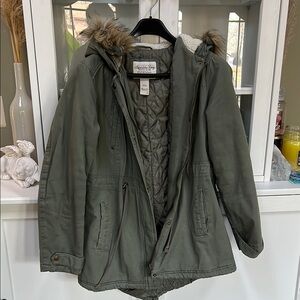 Green Parka with Faux Fur Hood